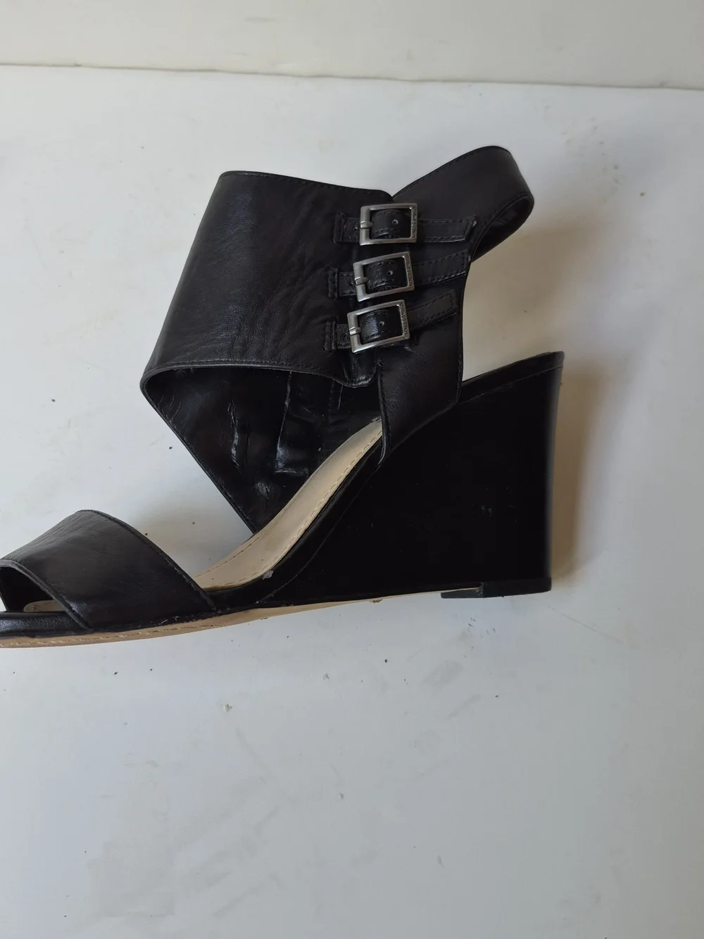 Vince Camuto Black Leather Triple-Buckle Wedge Sandals